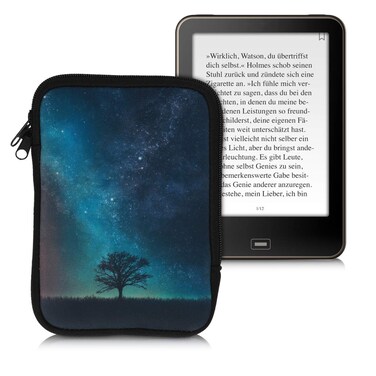 kwmobile Neoprene e-Reader Pouch Size eReader - Universal eBook Sleeve Case with Zipper, Wrist Strap - Blue/Grey/Black