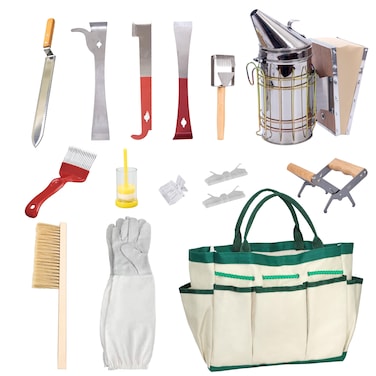 BeeCastle 14 Pcs Beekeeping Tools Starter Kit, Bee Keeping Supplies-All Bee Hive Tools Kit with Organizer Tote and Beekeeping Gloves for Beginners and pro Beekeepers