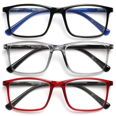 OPULIZE INK Reading Glasses -3 Pack- Large Rectangular Frame - Spring Hinges - Scratch Resistant - Black Grey Red - Mens Womens +2.00
