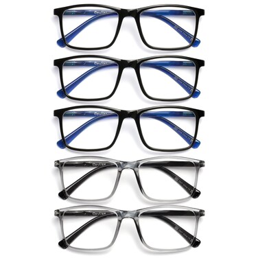 OPULIZE INK Reading Glasses - Value 5 Pack - Large Rectangular Frame - Spring Hinges - Scratch Resistant - Black Grey - Mens Womens +1.50