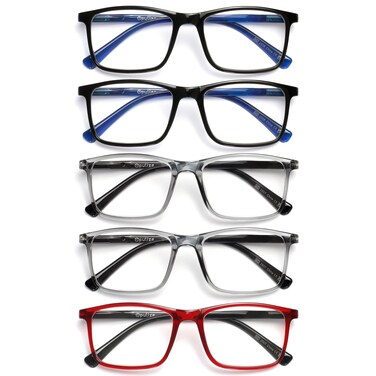 OPULIZE INK Reading Glasses - Value 5 Pack - Large Rectangular Frame - Spring Hinges - Scratch Resistant - Black Grey Red - Mens Womens +2.00