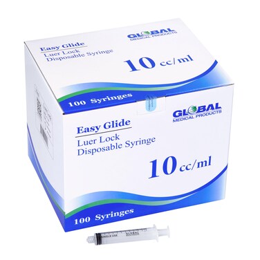Easy Glide Sterile Disposable Luer Lock 10ml Syringes 100-Pack (No Needles)