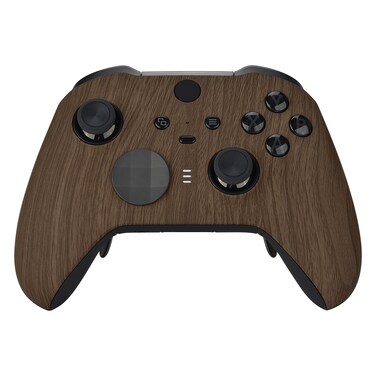 eXtremeRate Wood Grain Patterned Faceplate Cover, Soft Touch Front Housing Shell Case Replacement Kit for Xbox One Elite Series 2 Controller Model 1797 - Thumbstick Accent Rings Included