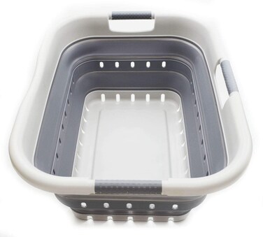 SAMMART 41L Collapsible 3 Handled Plastic Laundry Basket - Foldable Pop Up Storage Container/Organizer - Portable Basket - Space Saving Hamper/Basket (3 handled rectangular, Grey/Dark Grey)