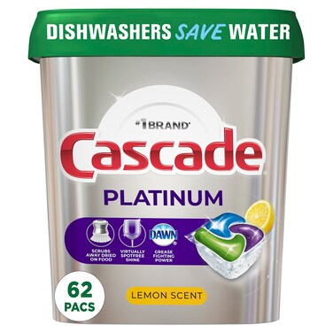 Cascade Platinum Dishwasher Pods, ActionPacs Dishwasher Detergent, Lemon, 62 Count