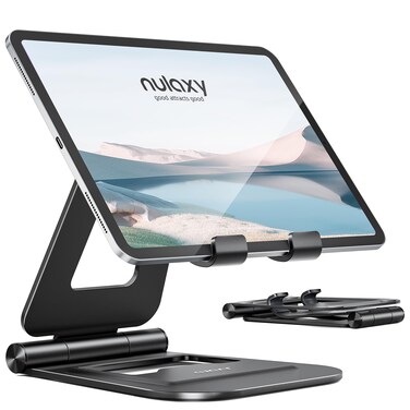NULAXY Double Foldable iPad Stand, Fully Adjustable Desktop Tablet Holder, iPad Accessories for the Office, Compatible with 4-11 Inch Mobile Devices, iPad Pro/Air/Mini, iPhone Pro/Max/Plus, Black