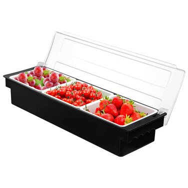 FEOOWV 3-Compartment Condiment Server Caddy Container with Lid, Serving Tray for Fruit,Candy, Dips, Bar Restaurant Supplies,Garnish Organizer Box Black