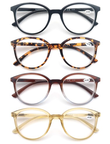 MODFANS Women Reading Glasses 4Pack Large Round Frame Readers Spring Hinges with 4 Pouch