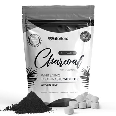 GloBoid Charcoal Toothpaste Tablets with Fluoride, Zero Waste Toothpaste Bits, Eco Friendly Toothpaste Tabs, Plastic Free Toothpaste Bites - 1 Month Supply - 62 Count - Mint