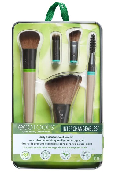 Ecotools Daily Essentials Face Kit Interchangeables Makeup Brush Set With 5 Brushes, 2 Handles, And Storage Tin, Brown/Black