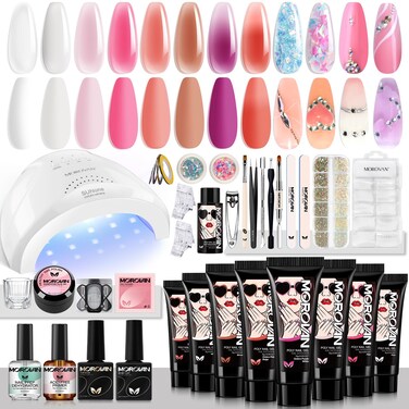 Morovan Poly Gel Nail Kit: Starter Kit 8 Pcs With U V Lamp 48W Complete For Beginners Everything Professional