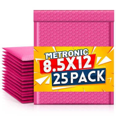 Metronic 25Pcs Poly Bubble Mailers, 8.5X12 Inch Padded Envelopes Bulk #2, Bubble Lined Wrap Polymailer Bags for Shipping/Packaging/Mailing Self Seal -Pink