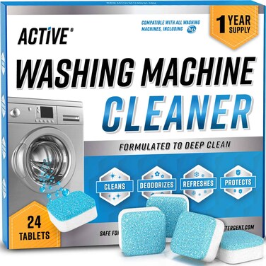 ACTIVE Washing Machine Cleaner Descaler 24 Pack - Deep Cleaning Tablets For HE Front Loader & Top Load Washer, Septic Safe Eco-Friendly Deodorizer, Clean Inside Drum And Laundry Tub Seal 12 Month Supp