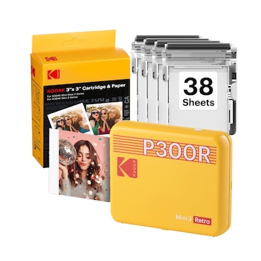 KODAK Mini 3 Retro 4PASS Portable Photo Printer (3x3 inches) Initial 8 Sheets + 60 Sheets Bundle, Yellow
