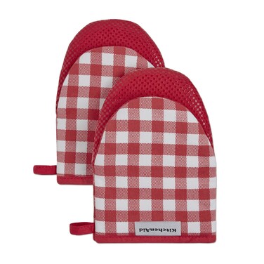 KitchenAid Gingham Cotton Mini Oven Mitt 2-Pack Set, Passion Red, 5.5"x8