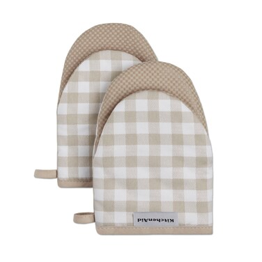 KitchenAid Gingham Mini Oven Mitt 2-Pack Set, Milkshake Tan, 5.5"x8