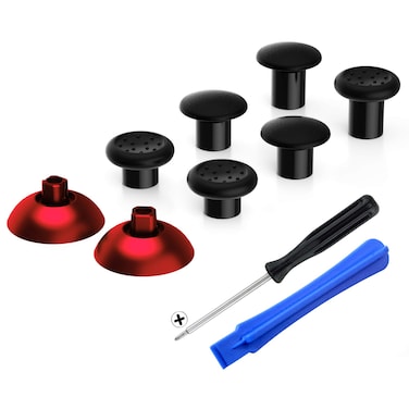 eXtremeRate ThumbsGear Interchangeable Ergonomic Thumbstick for ps5 Controller, For ps4 All Model Controller - 3 Height Domed and Concave Grips Adjustable Joystick - Chrome Red & Black