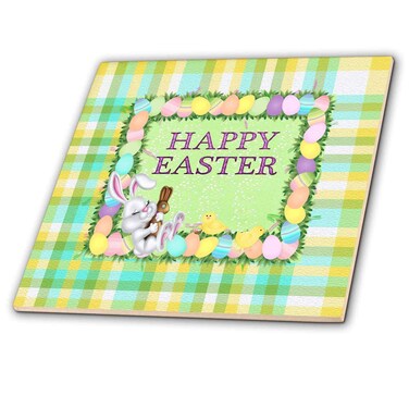 3dRose Bunny with Chocolate Leaning on Egg Frame, Happy 6 Inch Ceramic Tile