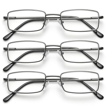 OKH 3 Pack Blue Light Blocking Square Rectangle Metal Reading Glasses for Men Anti Eye Strain/Headache Spring Hinge Clear Reading Eyelasses Reader