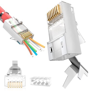 JODROAD Shielded RJ45 Cat6A Cat7 Pass Through connectors - 3 Prong 8P8C 50U Gold Plated 2-Piece Pass-Thru Modular Data Plug for FTP/STP Cable &amp; Solid Wire (30 Pack)