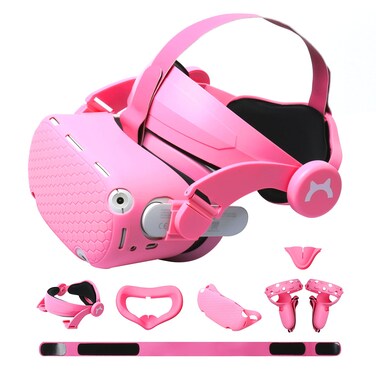 MODJUEGO 2021 New Upgrade Head Strap for Oculus Quest 2,Adjustable Forehead Strap with Silicone Touch Controller Grip Cover, VR Face Cover and VR Shell Protector Cover Replacement (Pink)