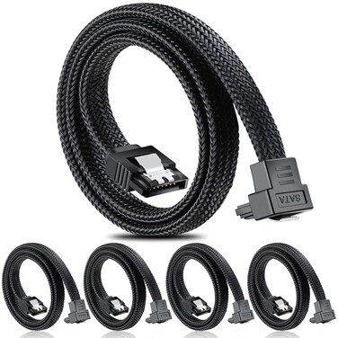 Electop SATA III Cable, 6Gbps 90 Degree Right Angle HDD SDD Data Cable, SATA 3.0 Nylon Braided Cable with Locking Latch for SATA HDD, SSD, CD Driver, CD Writer(20 Inch, Black,5 Pack)