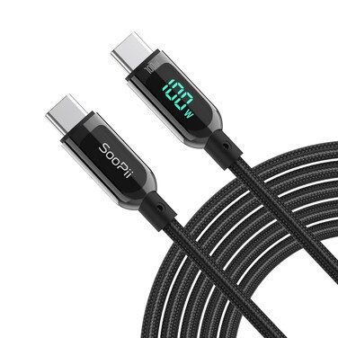SOOPII 100W 4ft USB C to USB C Cable with LED Display, Nylon Braided,Black