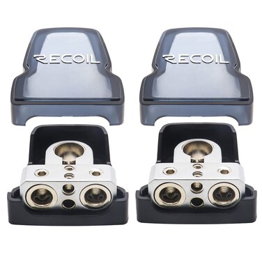 Recoil 2 Pack Premium Solid Brass Positive/Negative Battery Terminals with Two 0/2/4 Gauge Outputs and Two 8 Gauge Outputs