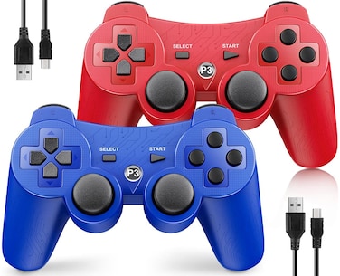 OKHAHA Wireless Controller for PS3, 2 Pack, Doubleshock, 6-Axis, Upgraded Gamepad Remote for Playstation 3 Controller with Analog Joysticks, Blue + Red