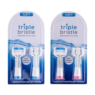 Triple Bristle Replacement Brush Head Refills, 4 Pack (2 Pink and 2 Blue)