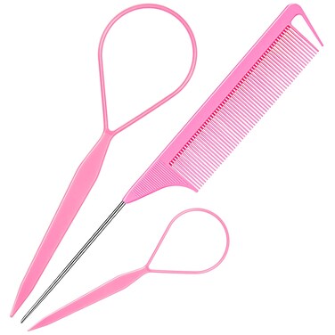 TsMADDTs Hair Tail Tools, 3Pack Hair Loop Tool Set with 2Pcs French Braid Tool Loop 1Pcs Rat Tail Comb Metal Pin Tail Braiding Comb for Hair Styling, Pink