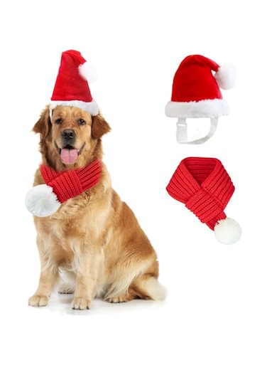 ANIAC Dog Santa Hat with Scarf Kids Xmas Cap Doggy Christmas Costume Pet Warm Headgear and Neck Accessories for Medium Big Dogs and Kids (Large)