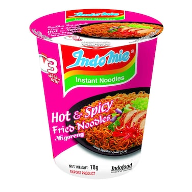 Indomie Hot and Spicy with Seasoning Powder and Sauce Instant Cup Fried Noodles, 70g