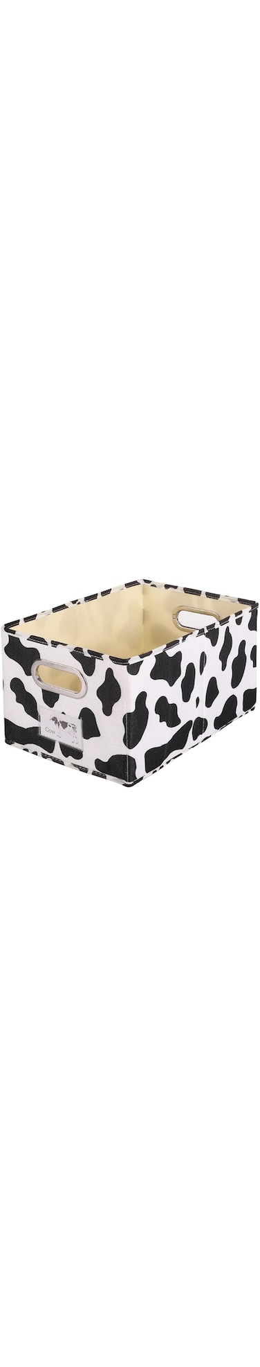 Cowprint Fabric Storage Bin, Washable Foldable Cotton Linen Basket with Handles, Decorative Rectangular Container for Nursery, Home, Office, Small Size with Label Window and Thick PP Plastic Board