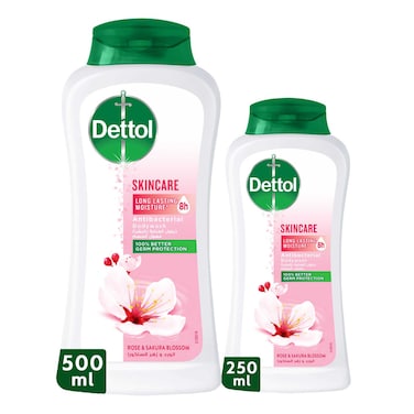 ديتول جل الاستحمام وغسول الجسم ذ للعناية بالبشرة، برائحة الورد وزهرة الساكورا، 250 ملل + 500 ملل