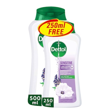 ديتول جل إستحمام وغسول للجسم للبشرة الحساسة، برائحة اللافندر والمسك الأبيض، 250 ملل+ 500 ملل