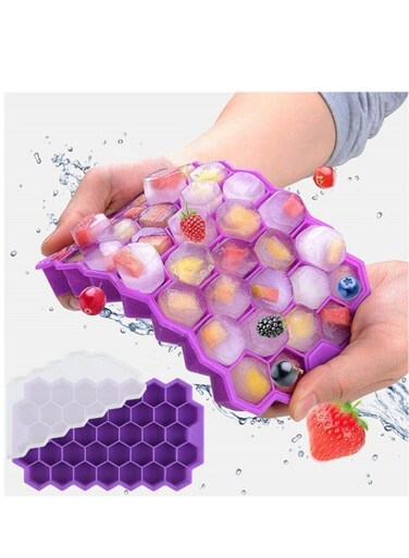 Cubes Tray 37 Grids Silicone Fruit Ice Maker DIY Creative Small Ice Cream Mold Square Shape with Lid Mini Ice Cube Mold (Purple)