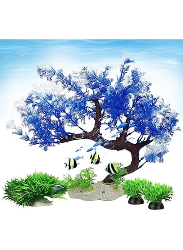 SUSOO 4 Pcs Fish Tank Aquarium Decorations Artificial Plastic Bonsai Tree &amp; Grass, Realistic Plants for Goldfish Betta Hides, Safe Plastic Plants Fake Aquarium Decor for Small &amp; Large Tanks (Blue)