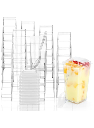 MAKINGTEC Square Mini Dessert Cups with Lids and Spoons, 50 Pack 3 oz Clear Dessert Shooter Cups with Spoons Parfait Cups with Lids Appetizer Cups for Party Small Plastic Dessert Cups for Pudding