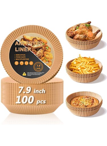 Air Fryer Disposable Paper Liner, Air Fryer Liners 100 PCS, Non-stick Parchment Paper Pads Oil Resistant, Waterproof, Food Grade Baking Paper for Roasting Microwave (7.9Inch)