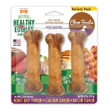 Nylabone Healthy Edibles Longer Lasting Roast Beef-Chicken-Bacon Variety 3Ct Card Regular Edible Tre
