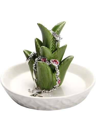 Beauenty Ring Holder Plate, Ceramic Jewelry Dish, Trinket Tray for Ring Necklaces Bracelets Earrings Key Decorative Tray Vanity (aloe)