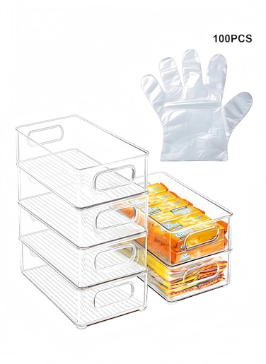 6 PCS Clear Plastic Drawer Organizers and 100 PE Thickened Gloves, Multi-Purpose Storage Bins for Makeup, Jewelry, Bedroom, Bathroom &amp; Office Organization