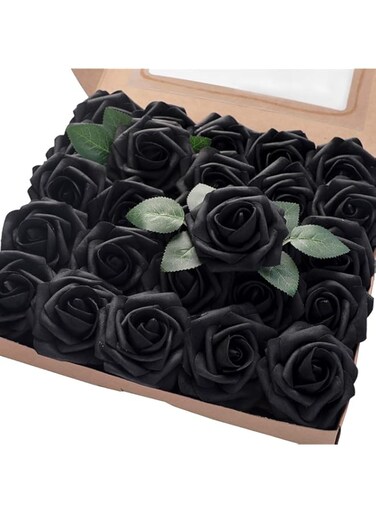 Floroom Artificial Flowers 25pcs Real Looking Black Foam Fake Roses with Stems for DIY Wedding Bouquets Centerpieces Arrangements Party Tables Home Halloween Decorations
