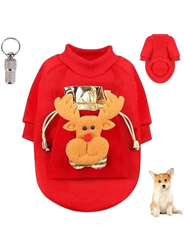 PETSARY Christmas Small Dog Coat Sweater Reindeer Sweater 1 Pcs Pet Id Tag Gift   Dog Clothes Pet Cat Xmas Soft Thick Outfit Holiday Cute Vest   Soft Sweater Jumpsuit Puppy   Red (Medium)