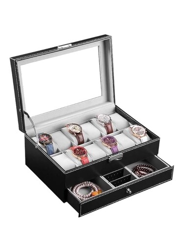 Double Layer Drawer Design with Glass Lid Watch Box Organizer Storage for Cufflinks Sunglasses Rings Necklaces and Other Jewellery(Black)