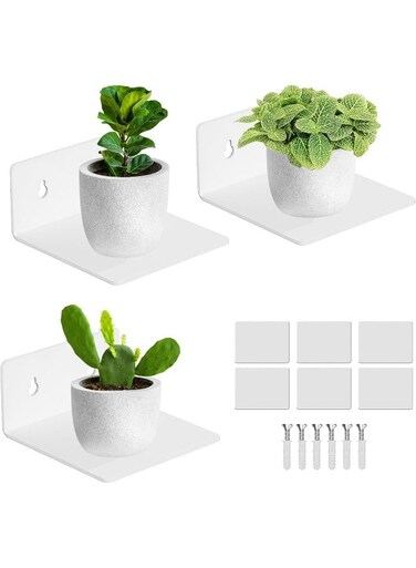 Acrylic Small Adhesive Wall Shelves, Mini Floating Shelves, Acrylic Display Shelves, Ledges For Pop Figures, Plant, Picture Photo Modern Wall For Bedroom Decor Living Room (3 Pcs 3.9" - White)