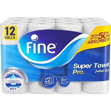 Fine Kitchen Super Towel Pro, 12 Rolls 60 Sheets x 3 Ply Paper Tissue