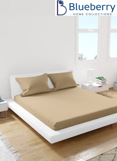 Striped Double Fitted Sheet Sets Beige Color Cotton 3 Piece Set Deep Pocket 150x200+25cm