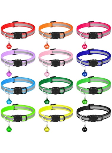Heyu-Lotus 12 Pcs Reflective Cat Collars Adjustable Kitten Collar with Bells Quick Release Safety Collar 19-32cm, Assorted Colours